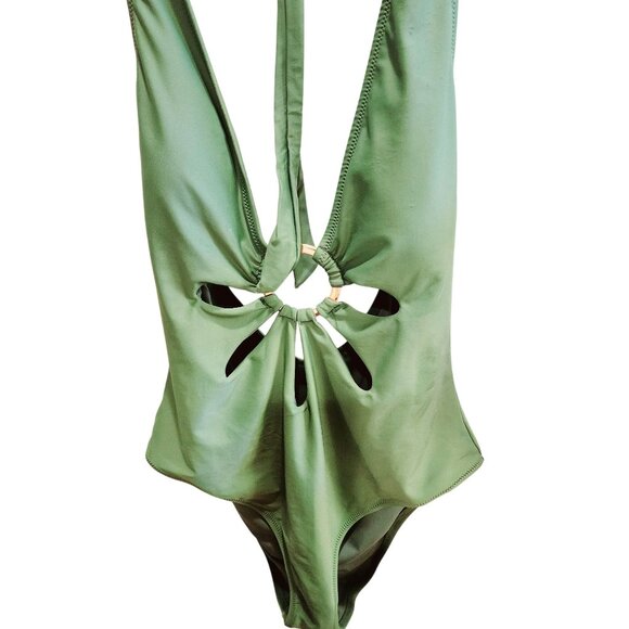 Boho Floral Cutout Ring Detail Halter 1pc Full Coverage Swimsuit|Green Sz. L - Picture 2 of 7